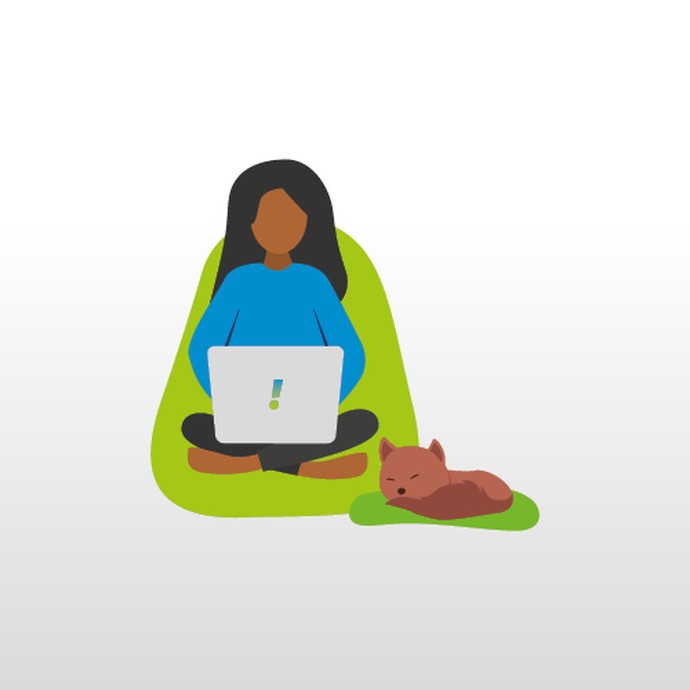 Person sitzt mit ihrem Laptop auf dem Schoss auf einem Sitzsack, daneben liegt ein Tier, rechts neben dem Kopf ist ein Ausrufezeichen (vergrößerte Bildansicht wird geöffnet)