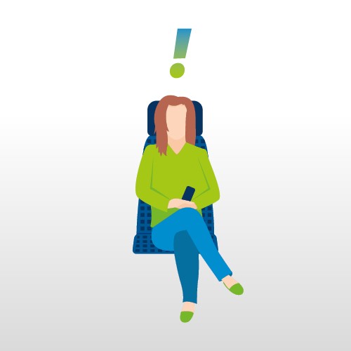 Person sitzt auf einem Sitz einer Bahn oder eines Busses, mit einem Ausrufezeichen über dem Kopf.
