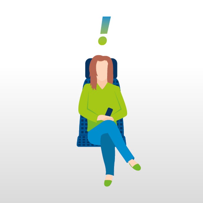 Person sitzt mit einem Ausrufezeichen über dem Kopf auf einem Sitz der Bahn/ eines Busses (vergrößerte Bildansicht wird geöffnet)