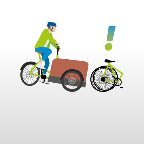 Ein Mensch fährt auf einem Lastenrad, rechts daneben ist ein Faltrad mit einem Ausrufezeichen.