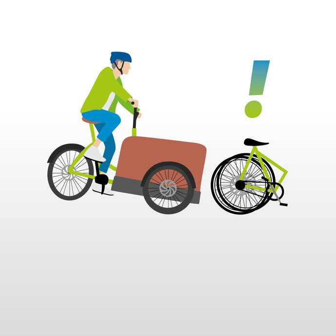 Ein Mensch fährt auf einem Lastenrad, rechts daneben ist ein Faltrad mit einem Ausrufezeichen. (vergrößerte Bildansicht wird geöffnet)